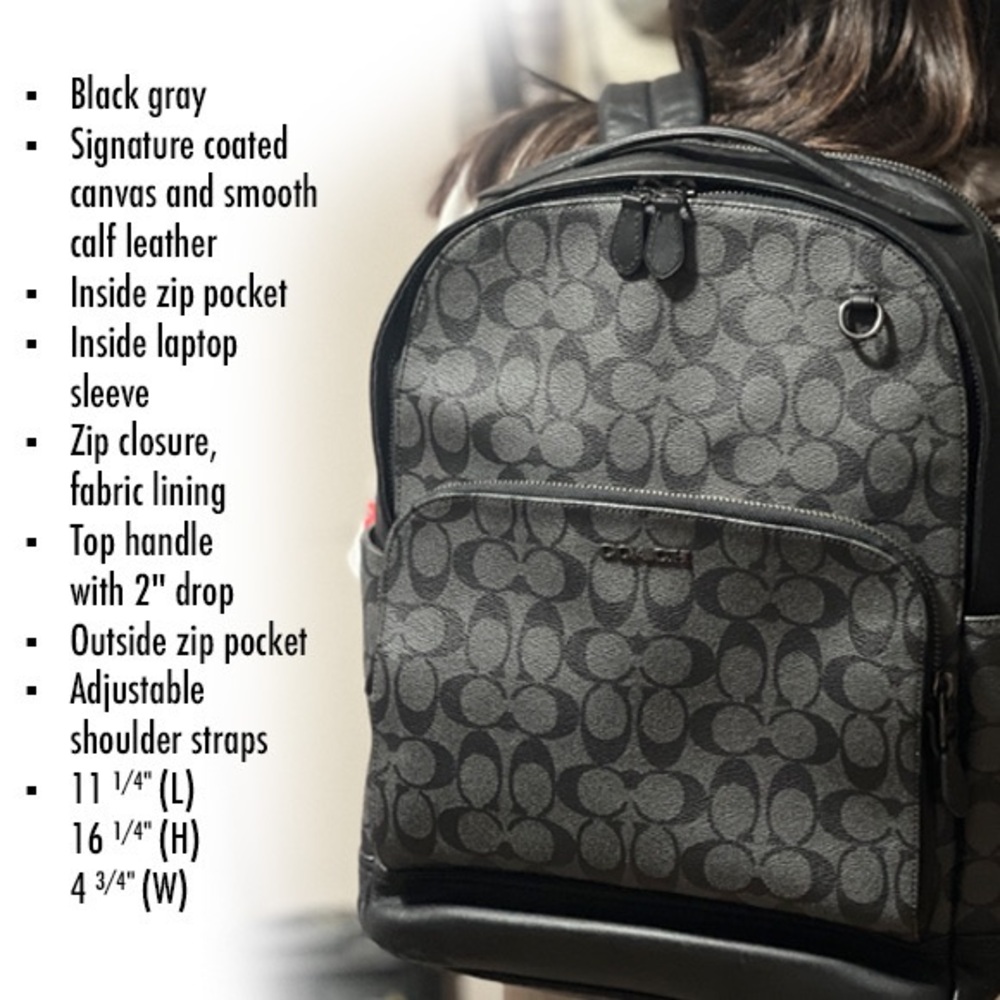 Coach ๐๐๐ Black Signature Canvas Backpack with Leather Trim NEW - Picture 2 of 16